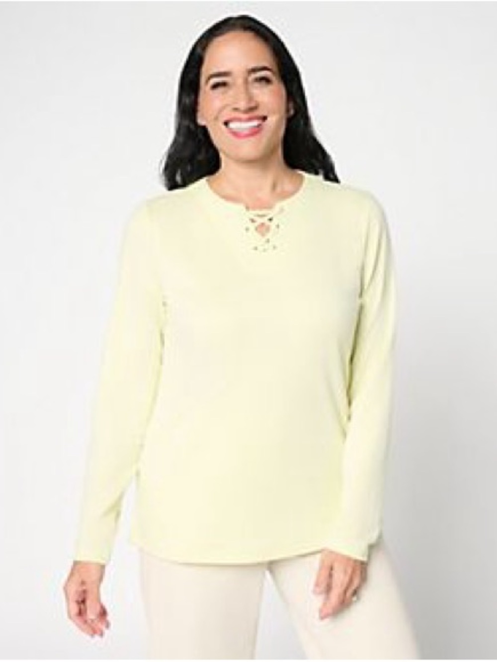 Denim&Co Soft Sage Lace-Up Crewneck Long-Sleeve Top